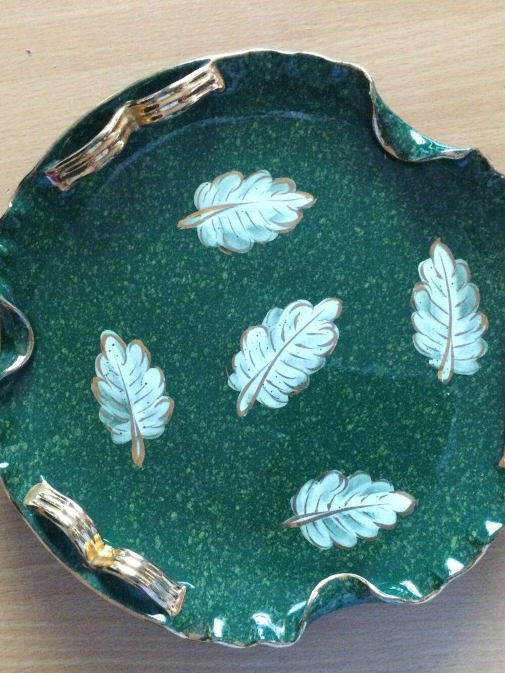 Handcrafted Green Plate Gold white Leaf 3 gold handles gold rim  signed Italy